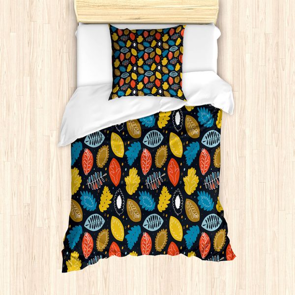 Abakuhaus Set Copripiumino Colorato Per Letti Singoli, Doodle Laub, Antiacaro, Adatto A Chi Soffre Di Allergie, Con Federa, 135 Cm X 200 Cm - 80 X 80 Cm, Multicolore-image