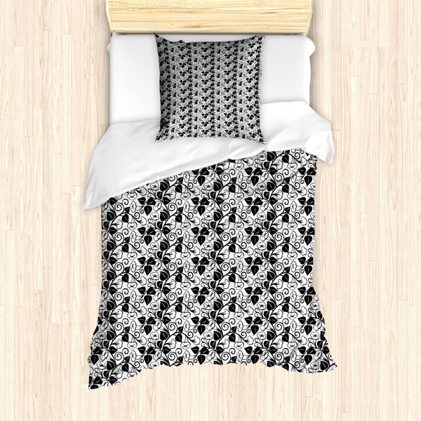 Abakuhaus Set Copripiumino Bianco E Nero Per Letti Singoli, Fiori Rampicanti, Antiacaro, Adatto A Chi Soffre Di Allergie, Con Federa, 135 Cm X 200 Cm - 80 X 80 Cm, Bianco E Nero-image