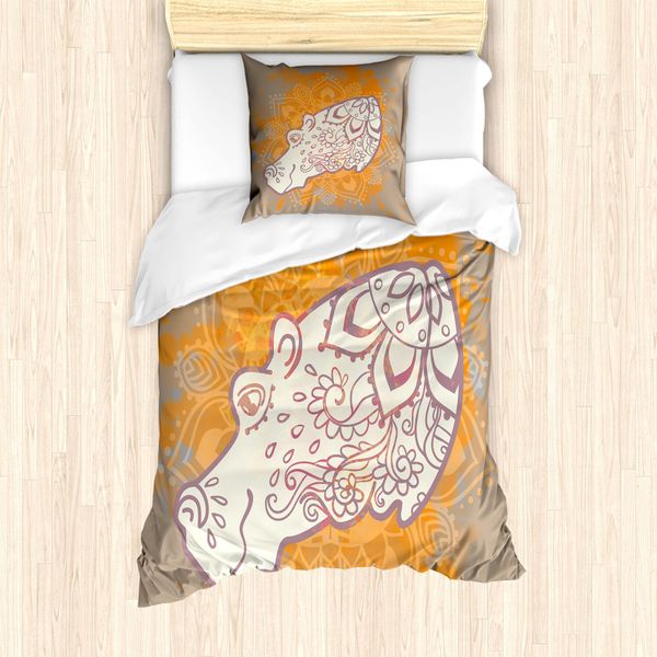 Abakuhaus Set Copripiumino Per Letto Singolo, Motivo Ippopotamo E Fiori, Antiacaro E Anallergico, Con Federa, 135 Cm X 200 Cm - 80 X 80 Cm, Multicolore-image