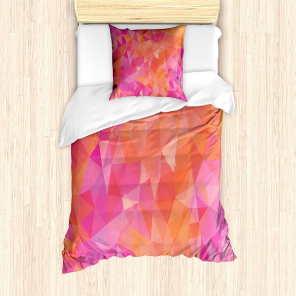Abakuhaus Set Copripiumino Arancione E Rosa, Composizione Poligonale Con Triangoli, Illustrazione Geometrica, Arte Astratta, 135 X 200 Cm + 80 X 80 Cm, Multicolore-image