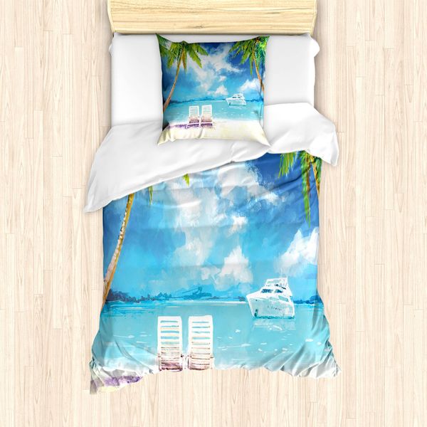 Abakuhaus Set Copripiumino Vintage Boat Per Letti Singoli, Exotic Beach Palms, Antiacaro, Adatto A Chi Soffre Di Allergie, Con Federa, 135 Cm X 200 Cm - 80 X 80 Cm, Multicolore-image