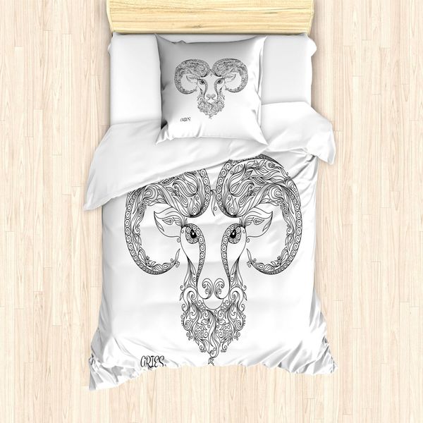 Abakuhaus Set Copripiumino Zodiaco Ariete, Linea Arte Stile Simbolo Dell'oroscopo Tatuaggio All'henné Design Riccioli Floreali Spirali, 135 X 200 Cm + 80 X 80 Cm, Bianco E Nero-image