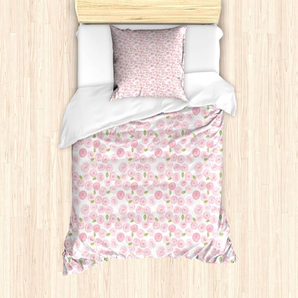 Abakuhaus Set Copripiumino Per Letto Singolo Con Motivi Floreali Acquerellati, Campo Di Rose Nuziali, Antiacaro E Anallergico, Con Federa, 135 Cm X 200 Cm - 80 X 80 Cm, Rosa Chiaro E Verde Pallido-image