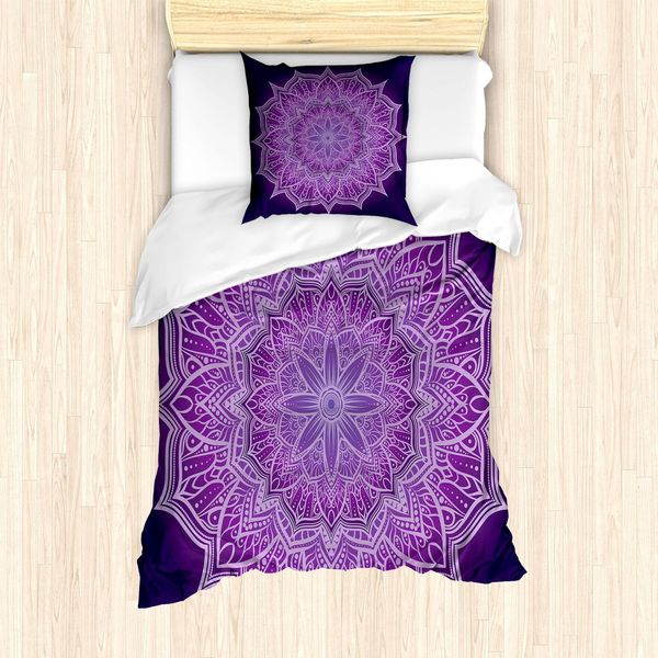 Abakuhaus Set Copripiumino Viola Mandala, Mandala Doodle Lace Disegnato A Mano Con Motivi Floreali, 135 X 200 Cm + 80 X 80 Cm, Viola Scuro Viola Pallido-image