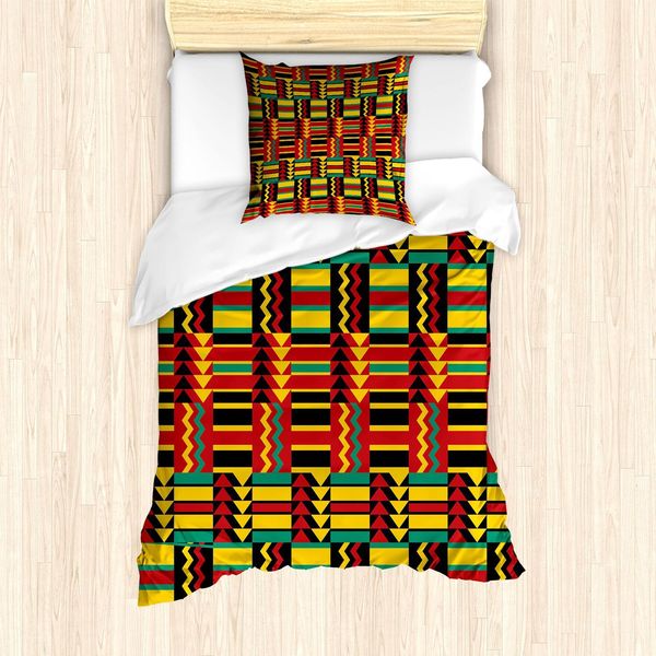 Abakuhaus Set Copripiumino Con Motivo Kente, Motivo Etnico Con Strisce Triangolari E Zigzag Uganda Zimbabwe Nigeria, 135 X 200 Cm + 80 X 80 Cm, Multicolore-image