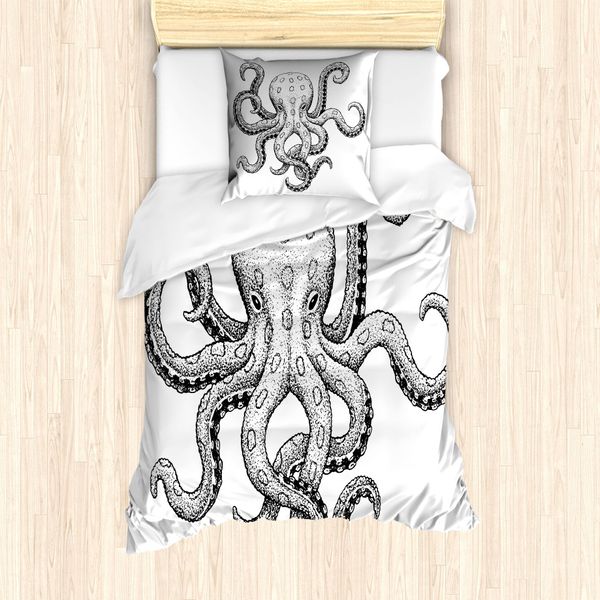 Abakuhaus Set Copripiumino Per Letto Singolo Con Motivo Calamaro, Opera D'arte Marina, Antiacaro E Anallergico, Con Federa, 135 Cm X 200 Cm - 80 X 80 Cm, Bianco E Nero-image