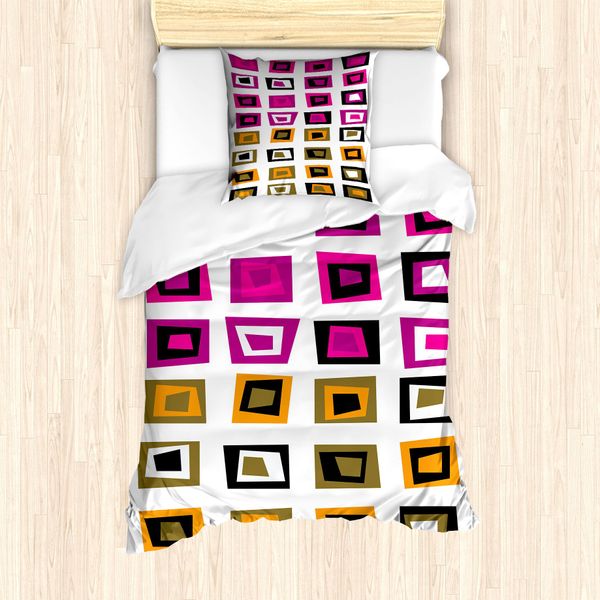 Set Copripiumino Retrò Abakuhaus Per Letti Singoli, Abstract Squares 60S, Antiacaro, Adatto A Chi Soffre Di Allergie, Con Federa, 135 Cm X 200 Cm - 80 X 80 Cm, Multicolore-image