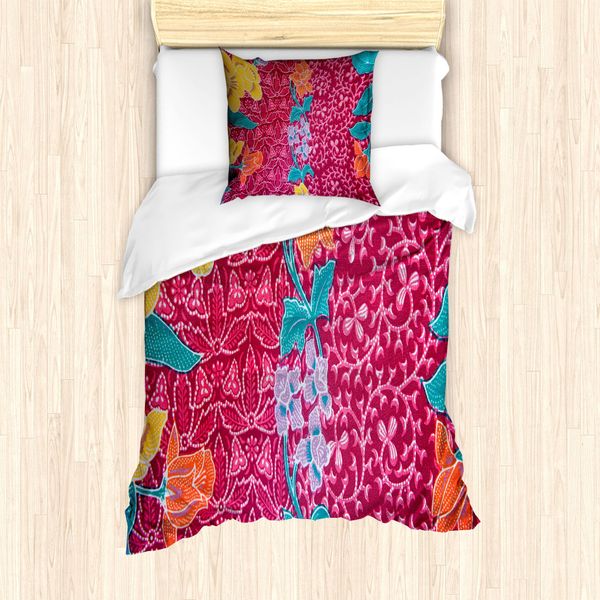 Abakuhaus Set Copripiumino Asiatico Per Letti Singoli, Batik Con Fiori Colorati, Antiacaro, Adatto A Chi Soffre Di Allergie, Con Federa, 135 Cm X 200 Cm - 80 X 80 Cm, Multicolore-image