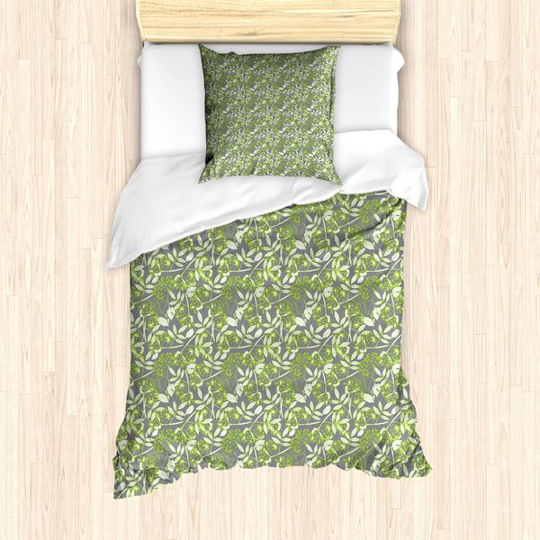 Abakuhaus Set Copripiumino Per Letti Singoli, Botanik Creeper Leaf Berry, Antiacaro, Adatto A Chi Soffre Di Allergie, Con Federa, 135 Cm X 200 Cm - 80 X 80 Cm, Verde Mela Bianco-image
