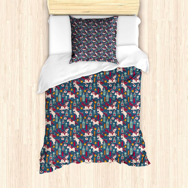 Abakuhaus Set Copripiumino Per Letto Singolo Unicorno, Stelle, Cuori E Arcobaleni, Antiacaro, Adatto A Chi Soffre Di Allergie, Con Federa, 135 Cm X 200 Cm - 80 X 80 Cm, Multicolore-image