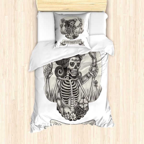 Abakuhaus Segno Zodiacale Scorpione Set Copripiumino Per Letti Singoli, Donna Scheletro, Antiacaro, Adatto A Chi Soffre Di Allergie, Con Federa, 135 Cm X 200 Cm - 80 X 80 Cm, Beige, Nero, Bianco-image