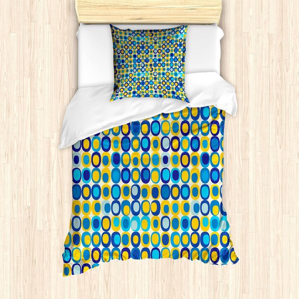 Abakuhaus Set Copripiumino Giallo E Blu, Motivi Retrò Con Forme Circolari Su Sfondo Bianco, 135 X 200 Cm + 80 X 80 Cm, Multicolore-image