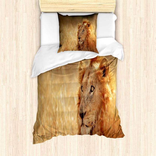 Abakuhaus Set Copripiumino Per Letti Singoli, Male Lion Grass Field, Antiacaro, Adatto A Chi Soffre Di Allergie, Con Federa, 135 Cm X 200 Cm - 80 X 80 Cm, Multicolore-image