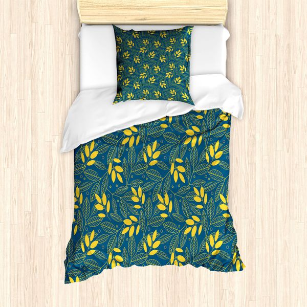 Abakuhaus Set Copripiumino Giallo E Blu Per Letti Singoli, Motivo Foglie Autunnali, Antiacaro, Adatto A Chi Soffre Di Allergie, Con Federa, 135 Cm X 200 Cm - 80 X 80 Cm, Blu Scuro E Giallo-image