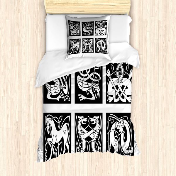 Abakuhaus Set Copripiumino Celtico Per Letti Singoli, Animali Tribali Astratti, Antiacaro, Adatto A Chi Soffre Di Allergie, Con Federa, 135 Cm X 200 Cm - 80 X 80 Cm, Bianco E Nero-image