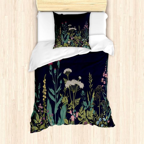 Set Copripiumino Botanico Abakuhaus, Disegno Di Prato Fiorito Con Varie Erbe E Fiori In Un Paesaggio Rurale, 135 X 200 Cm + 80 X 80 Cm, Multicolore-image