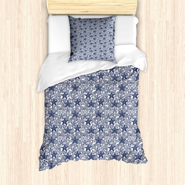 Abakuhaus Set Copripiumino Blu E Bianco Per Letti Singoli, Stelle Marine E Conchiglie, Antiacaro E Anallergico, Con Federa, 135 Cm X 200 Cm - 80 X 80 Cm, Blu Scuro E Bianco-image