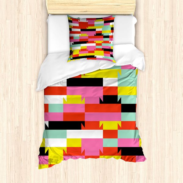 Abakuhaus Set Copripiumino Colorato Per Letti Singoli, Motivi Geometrici A Blocchi, Antiacaro E Anallergico Con Federa, 135 Cm X 200 Cm - 80 X 80 Cm, Multicolore-image