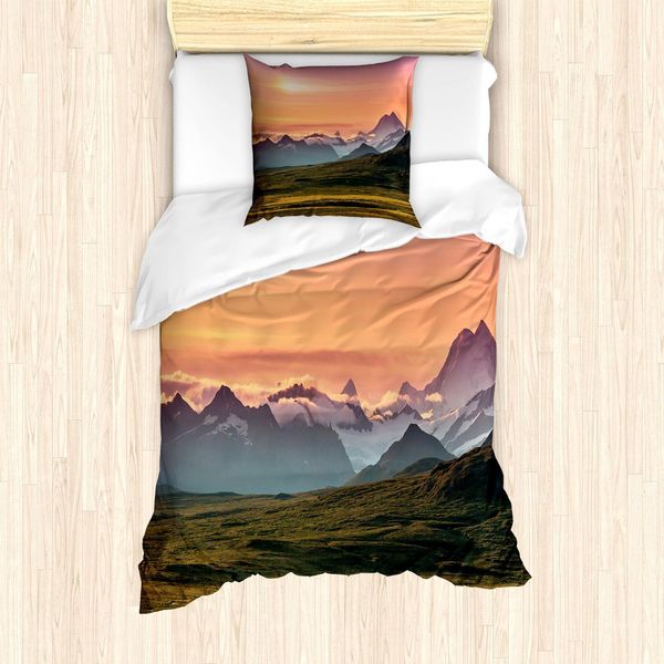 Abakuhaus Set Copripiumino Paesaggio, Foto Panoramica Con Tema Natura Con Montagne Nuvolose Al Tramonto, 135 X 200 Cm + 80 X 80 Cm, Multicolore-image