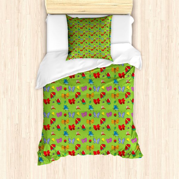Abakuhaus Set Copripiumino Per Letto Singolo, Insetti Colorati, Antiacaro, Adatto A Chi Soffre Di Allergie, Con Federa, 135 Cm X 200 Cm - 80 X 80 Cm, Verde E Multicolore-image