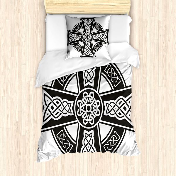 Abakuhaus Set Copripiumino Celtico Per Letti Singoli, Stemma Medievale, Antiacaro, Adatto A Chi Soffre Di Allergie, Con Federa, 135 Cm X 200 Cm - 80 X 80 Cm, Bianco E Nero-image