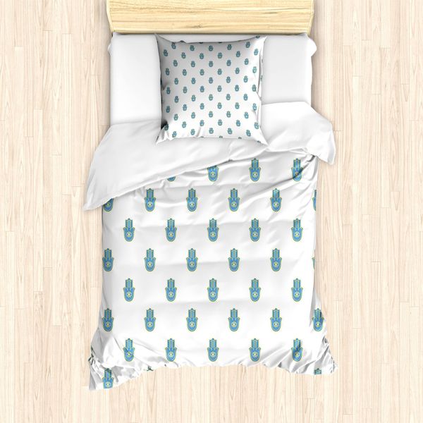 Abakuhaus Set Copripiumino Hamsa Per Letti Singoli, Bicolore Oriental Hand, Antiacaro, Adatto A Chi Soffre Di Allergie, Con Federa, 135 Cm X 200 Cm - 80 X 80 Cm, Senape, Bianco E Blu-image