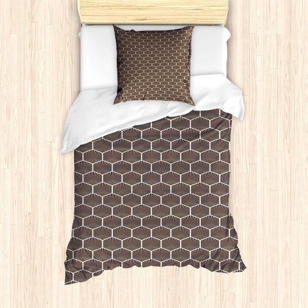Abakuhaus Set Copripiumino Geometrico Per Letti Singoli, Stripped Hexagons, Antiacaro, Adatto A Chi Soffre Di Allergie, Con Federa, 135 Cm X 200 Cm - 80 X 80 Cm, Marrone E Bianco Sporco-image