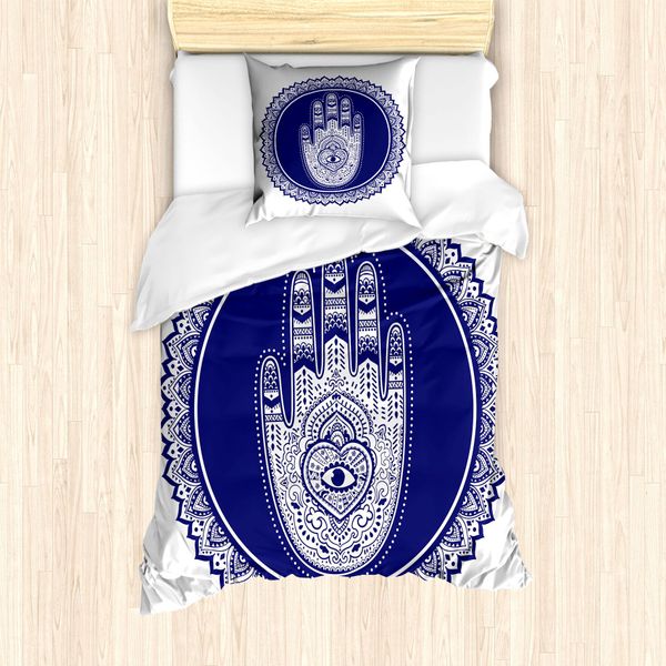 Abakuhaus Set Copripiumino Hamsa Per Letti Singoli, Mandala Mediorientale, Antiacaro, Adatto A Chi Soffre Di Allergie, Con Federa, 135 Cm X 200 Cm - 80 X 80 Cm, Blu Navy E Bianco-image