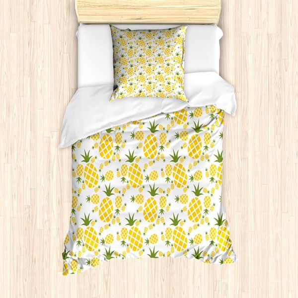 Abakuhaus Set Copripiumino Verde E Giallo Per Letti Singoli, Frutta Biologica, Antiacaro, Adatto A Chi Soffre Di Allergie, Con Federa, 135 Cm X 200 Cm - 80 X 80 Cm, Verde Felce E Giallo-image