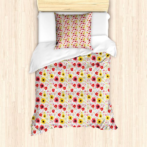 Abakuhaus Set Copripiumino Per Letto Singolo Con Motivi Floreali Acquerellati, Arte Primaverile Con Papaveri, Antiacaro E Anallergico, Con Federa, 135 Cm X 200 Cm - 80 X 80 Cm, Multicolore-image