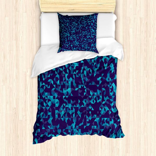 Abakuhaus Set Copripiumino Blu Navy E Verde Acqua, Triangoli Astratti Con Pois Disposizione Geometrica Nei Toni Del Blu, 135 X 200 Cm + 80 X 80 Cm, Blu Navy Verde Acqua-image