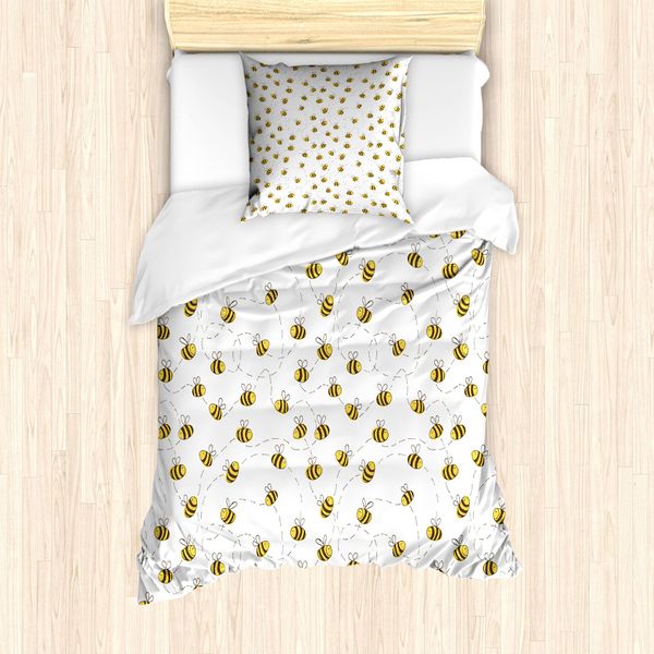 Abakuhaus Set Copripiumino Per Letto Singolo, Simple Doodle Flies Bee, Antiacaro, Adatto A Chi Soffre Di Allergie, Con Federa, 135 Cm X 200 Cm - 80 X 80 Cm, Marrone, Giallo, Bianco-image