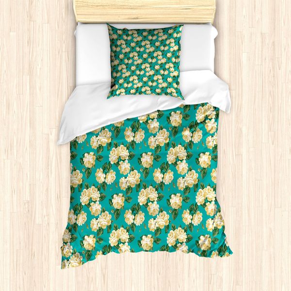 Abakuhaus Set Copripiumino Giallo E Blu Per Letti Singoli, English Roses, Antiacaro, Adatto A Chi Soffre Di Allergie, Con Federa, 135 Cm X 200 Cm - 80 X 80 Cm, Giallo Seafoam-image