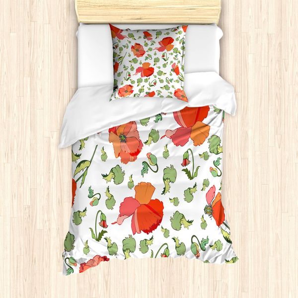 Abakuhaus Set Copripiumino Per Letti Singoli, Boccioli, Fiori E Foglie, Antiacaro, Adatto A Chi Soffre Di Allergie, Con Federa, 135 Cm X 200 Cm - 80 X 80 Cm, Corallo Vermiglio-image
