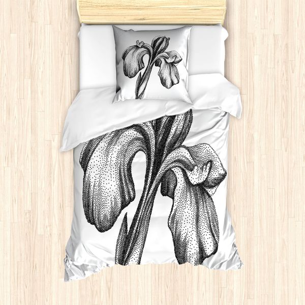 Set Copripiumino Abakuhaus Per Letti Singoli, Stile Dotwork Lily Bloom, Antiacaro E Anallergico Con Federa, 135 Cm X 200 Cm - 80 X 80 Cm, Bianco E Nero-image