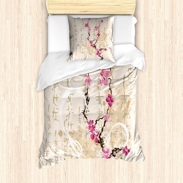 Abakuhaus Set Copripiumino Con Motivo Fiori Di Ciliegio, Dipinto In Stile Giapponese Con Alberi Di Ciliegio Su Sfondo Grungy Con Scritta, 135 X 200 Cm + 80 X 80 Cm, Multicolore-image