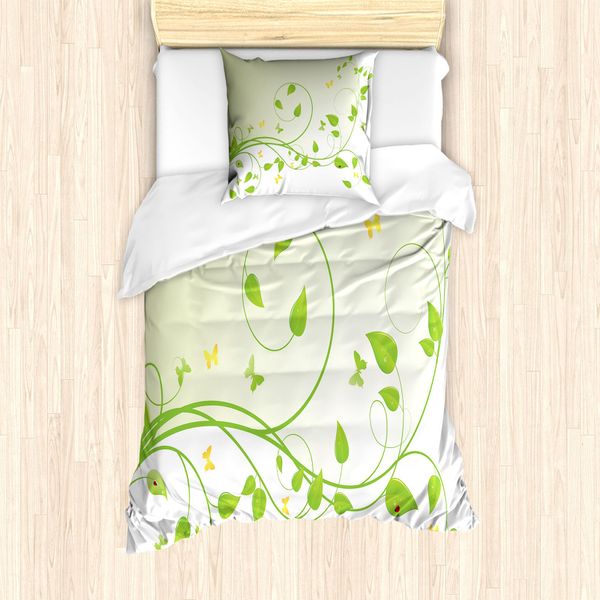 Abakuhaus Set Copripiumino Per Letti Singoli, Foglie Di Alberelli In Fiore, Antiacaro, Adatto A Chi Soffre Di Allergie, Con Federa, 135 Cm X 200 Cm - 80 X 80 Cm, Verde Lime Chiaro-image
