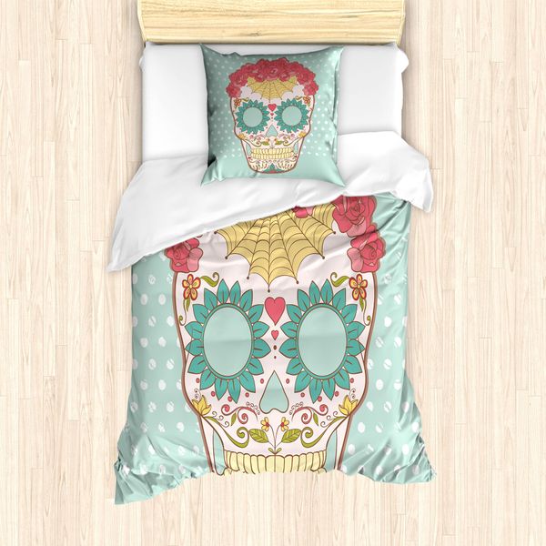 Abakuhaus Set Copripiumino Per Letto Singolo ZuckerschäDel, Teschi Floreali Femminili, Antiacaro, Adatto A Chi Soffre Di Allergie, Con Federa, 135 Cm X 200 Cm - 80 X 80 Cm, Multicolore-image