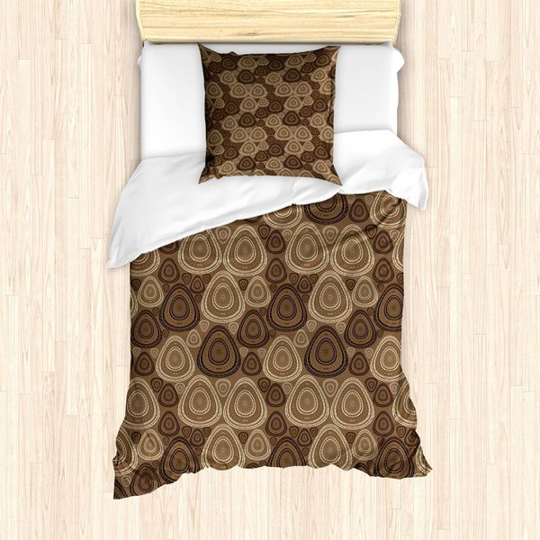 Abakuhaus Set Copripiumino Marrone E Avorio, Cerchi E Forme Triangolari Ovali Su Sfondo Marrone, 135 X 200 Cm + 80 X 80 Cm, Marrone Scuro Marrone-image
