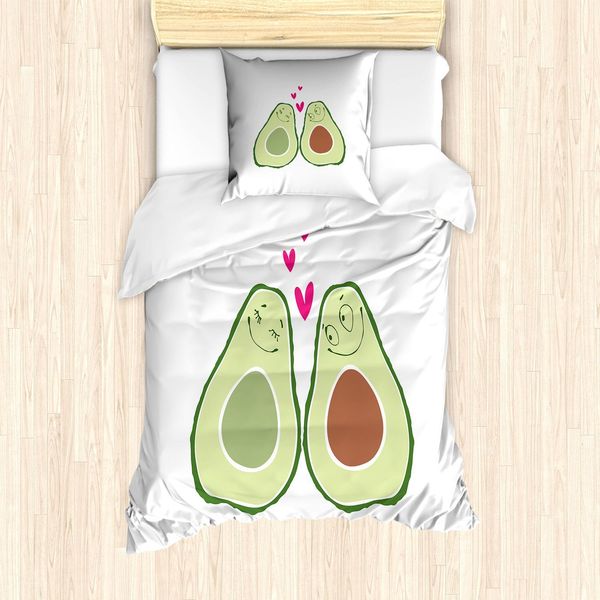 Set Copripiumino Abakuhaus Avocado, Simpatiche Coppie Di Alligatori E Pere Disegnate A Mano Con Motivi Romantici E Nuziali, 135 X 200 Cm + 80 X 80 Cm, Marrone Chiaro, Verde, Rosa-image