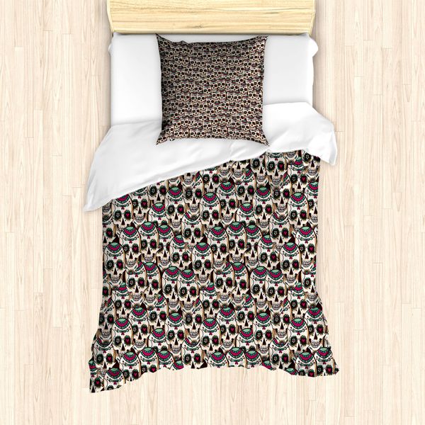Abakuhaus Set Copripiumino Per Letti Singoli ZuckerschäDel, Teschi Sovrapposti, Antiacaro, Adatto A Chi Soffre Di Allergie, Con Federa, 135 Cm X 200 Cm - 80 X 80 Cm, Multicolore-image