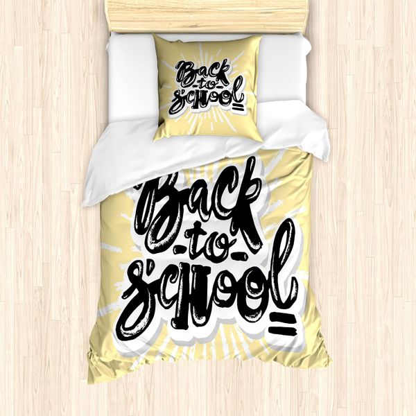 Abakuhaus Set Copripiumino Per Letto Singolo, Back To School Chalky, Antiacaro, Adatto A Chi Soffre Di Allergie, Con Federa, 135 Cm X 200 Cm - 80 X 80 Cm, Bianco Senape Chiaro-image