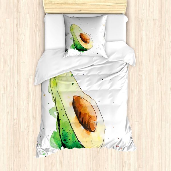 Set Copripiumino Abakuhaus Avocado, Effetto Acquerello Semplificato, Scarabocchi, Gusto Raffinato, Verdure Gourmet, 135 X 200 Cm + 80 X 80 Cm, Verde Chiaro Marrone Verde-image