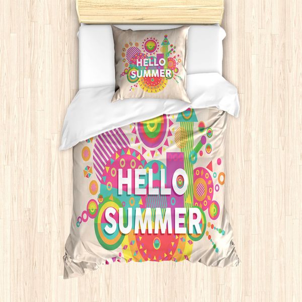 Abakuhaus Set Copripiumino Per Letti Singoli, Hello Summer Tipografia, Antiacaro, Adatto A Chi Soffre Di Allergie, Con Federa, 135 Cm X 200 Cm - 80 X 80 Cm, Multicolore-image