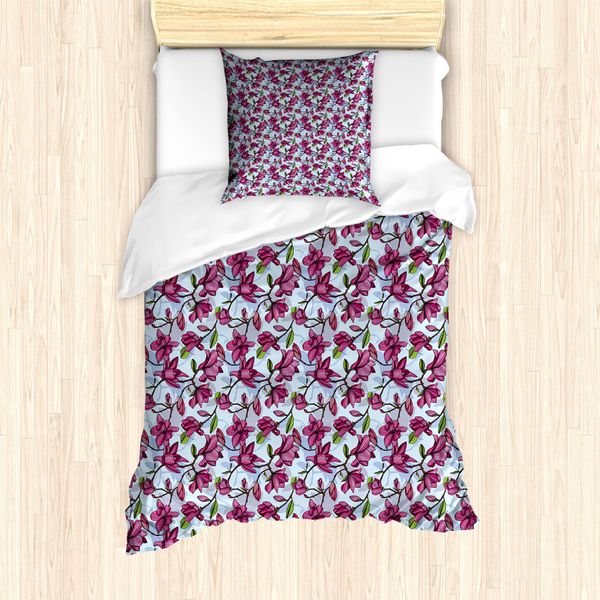 Abakuhaus Set Copripiumino Magnolia Per Letti Singoli, Rami Fioriti, Antiacaro, Adatto A Chi Soffre Di Allergie, Con Federa, 135 Cm X 200 Cm - 80 X 80 Cm, Multicolore-image