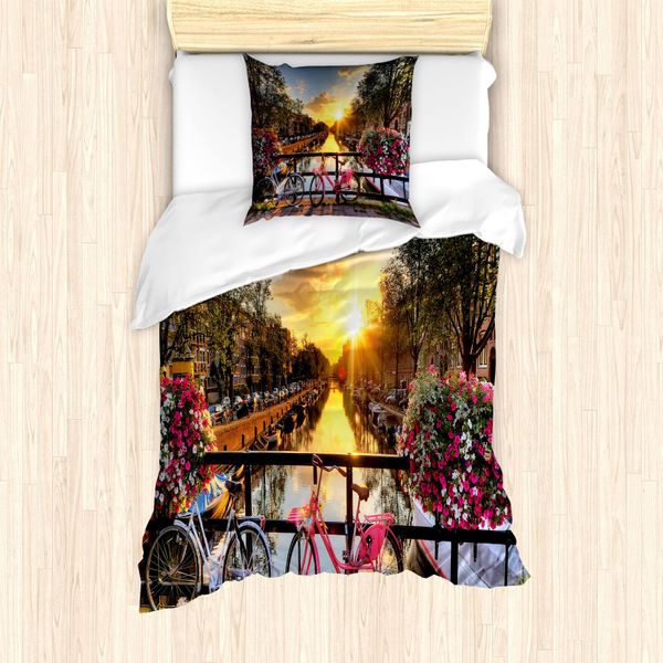 Abakuhaus Amsterdam Set Copripiumino Per Letti Singoli, Alba Sulla Città, Antiacaro Adatto A Chi Soffre Di Allergie Con Federa, 135 Cm X 200 Cm - 80 X 80 Cm, Multicolore-image