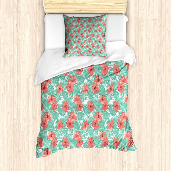 Abakuhaus Set Copripiumino Per Letto Singolo Insel-Party, Hibiscus Blossom, Antiacaro, Adatto A Chi Soffre Di Allergie, Con Federa, 135 Cm X 200 Cm - 80 X 80 Cm, Sea Green Coral-image
