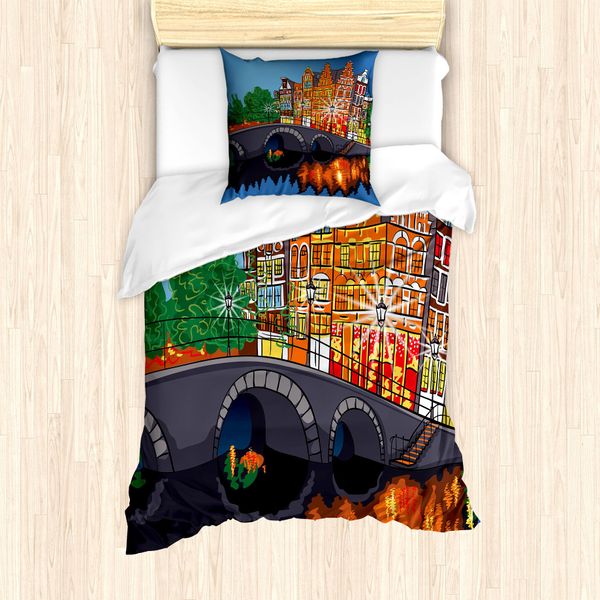 Abakuhaus Amsterdam Set Copripiumino Per Letti Singoli, Night City Canal Bridge, Antiacaro, Adatto A Chi Soffre Di Allergie, Con Federa, 135 Cm X 200 Cm - 80 X 80 Cm, Multicolore-image