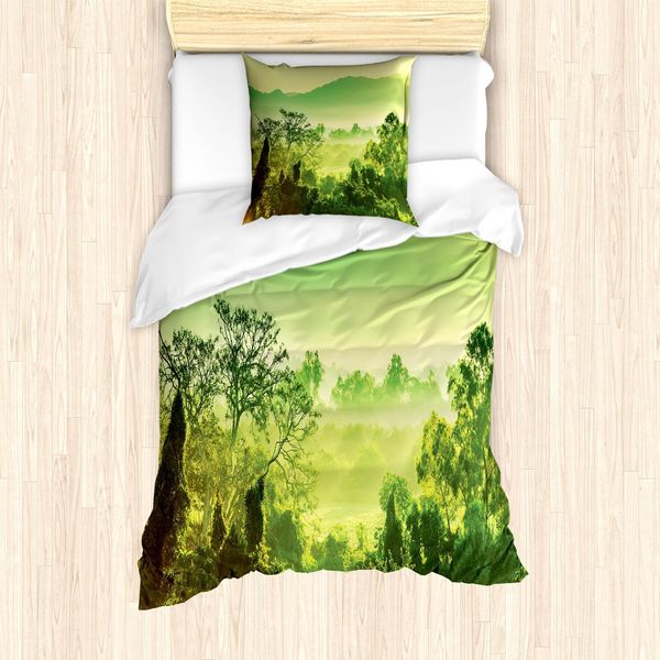 Abakuhaus Set Copripiumino Paesaggio, Scena Naturale Nei Toni Del Verde Con Montagne E Alberi, 135 X 200 Cm + 80 X 80 Cm, Verde Lime Giallo Verde-image