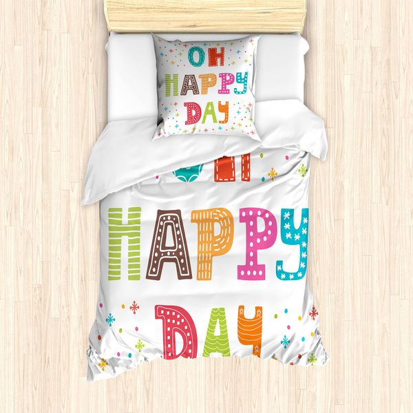 Set Copripiumino Motivazionale Abakuhaus Per Letti Singoli, Scritta Happy Day, Antiacaro, Adatto A Chi Soffre Di Allergie, Con Federa, 135 Cm X 200 Cm - 80 X 80 Cm, Multicolore-image